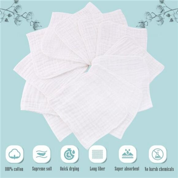 Muslin Burp Cloths Baby 12 Pack Soft Cotton Washcloths Spit Up Rags White - Picture 2 of 7